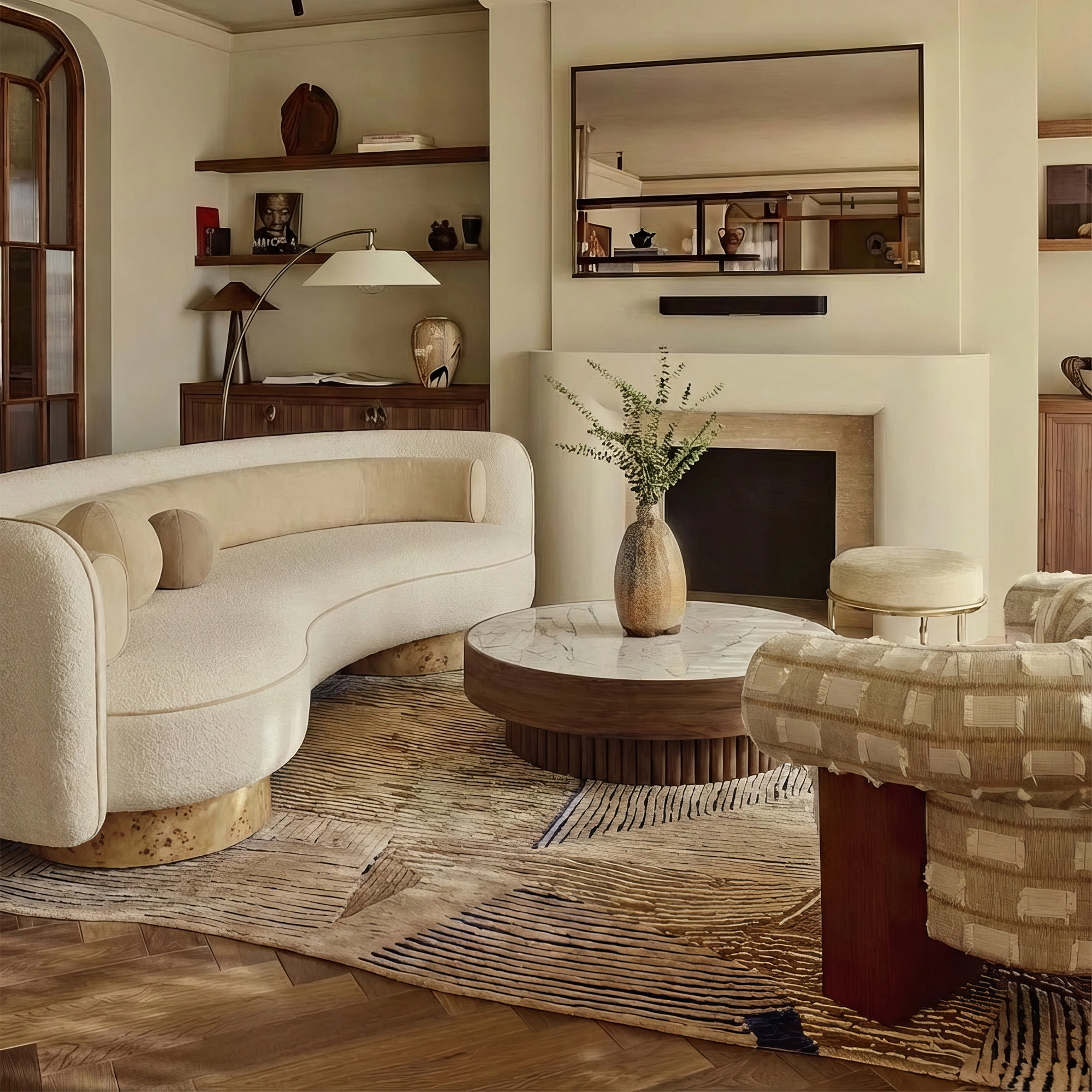 özel üretim kanepe, özel ölçü bouclé kanepe, kavisli modern kanepe, organik form lounge kanepe, ısmarlama tasarım kanepe