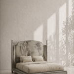 el boyama panel karyola özel üretim, özel ölçü sipariş mobilya ısmarlama mobilya doğa motifli yatak tasarımı, minimal lüks platform karyola modern stil, doğal tonlarda tasarım karyola ahşap gövde, sanatsal başlıklı özel tasarım yatak