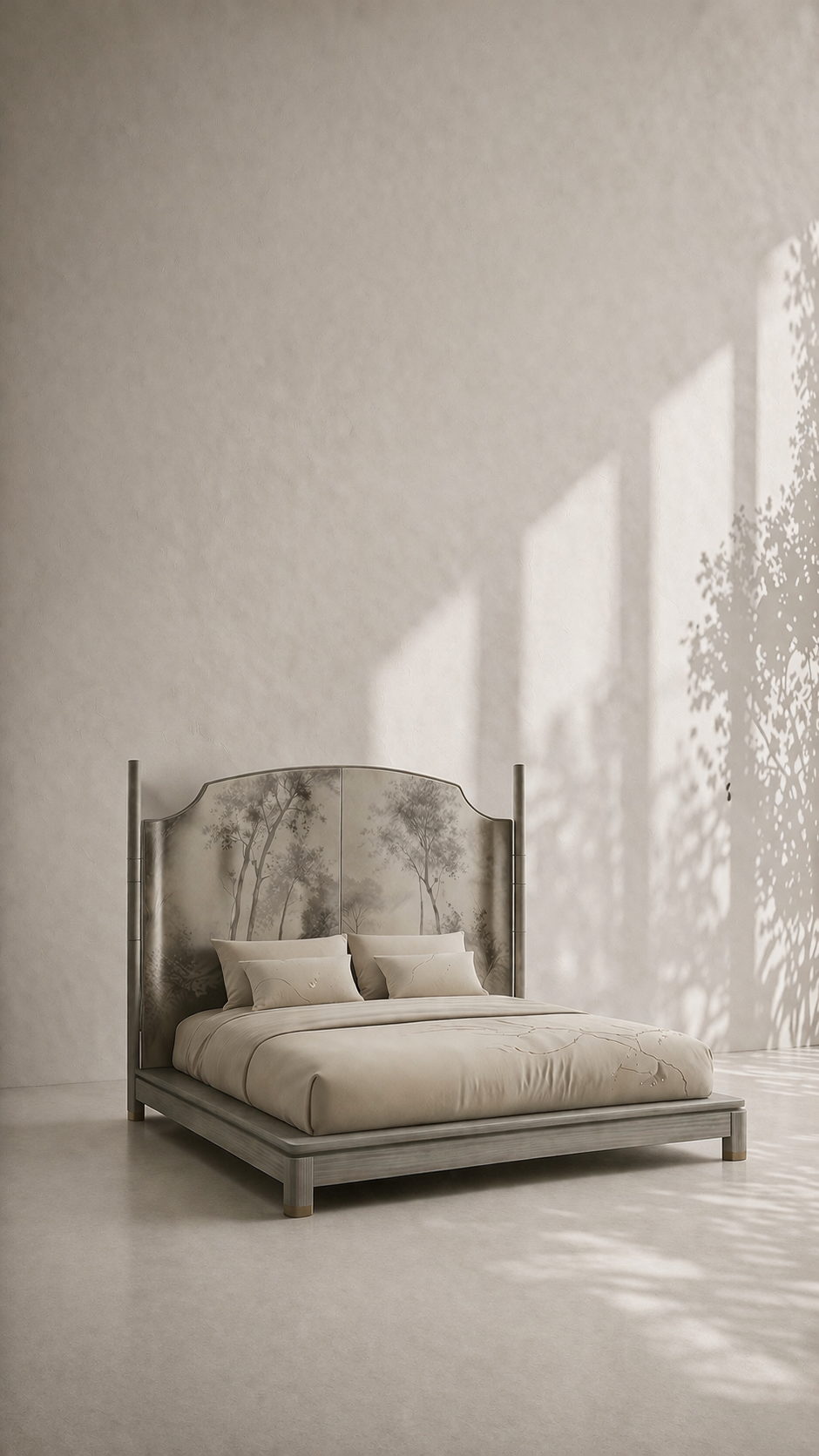 el boyama panel karyola özel üretim, özel ölçü sipariş mobilya ısmarlama mobilya doğa motifli yatak tasarımı, minimal lüks platform karyola modern stil, doğal tonlarda tasarım karyola ahşap gövde, sanatsal başlıklı özel tasarım yatak