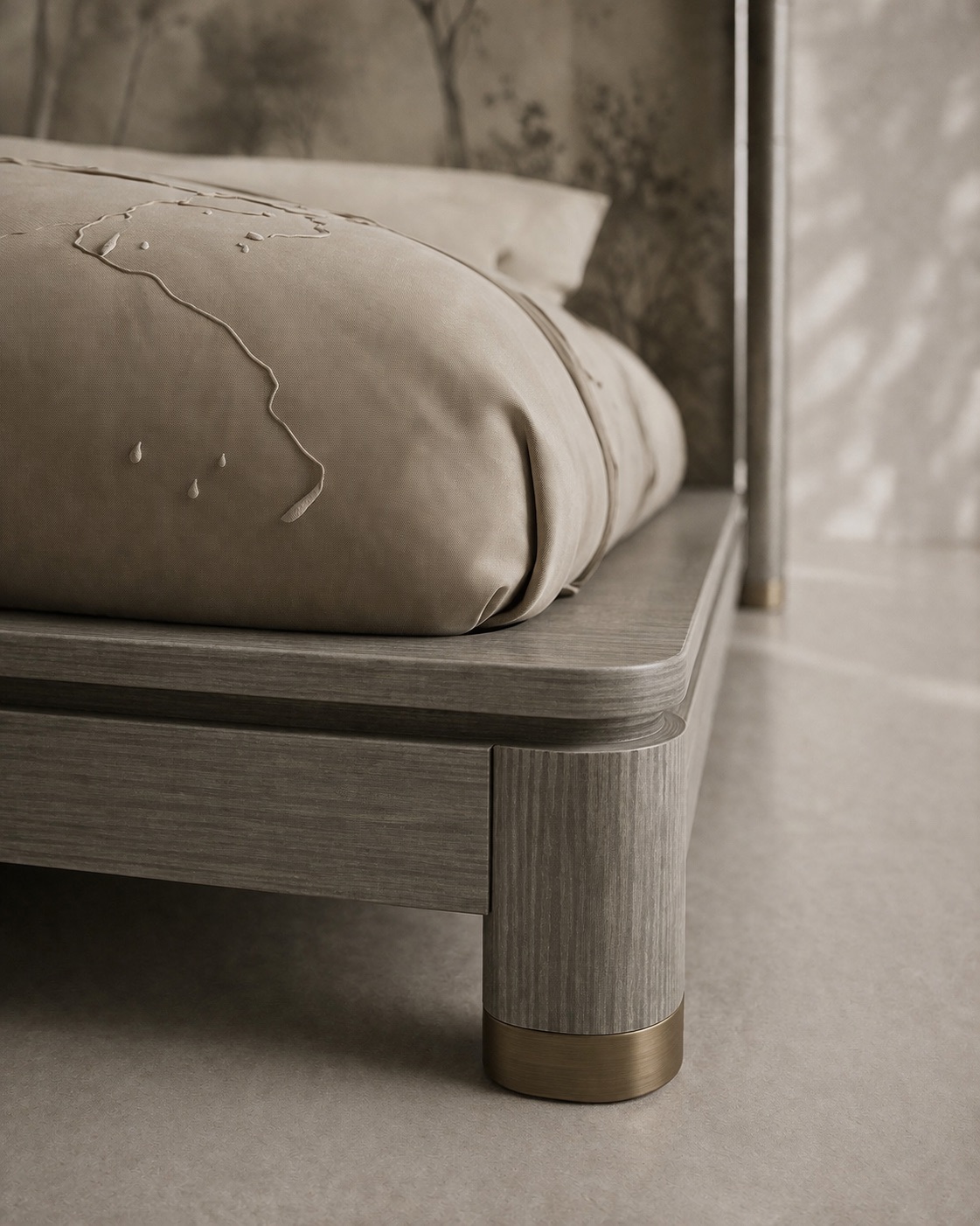 el boyama panel karyola özel üretim, özel ölçü sipariş mobilya ısmarlama mobilya doğa motifli yatak tasarımı, minimal lüks platform karyola modern stil, doğal tonlarda tasarım karyola ahşap gövde, sanatsal başlıklı özel tasarım yatak