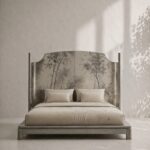 el boyama panel karyola özel üretim, özel ölçü sipariş mobilya ısmarlama mobilya doğa motifli yatak tasarımı, minimal lüks platform karyola modern stil, doğal tonlarda tasarım karyola ahşap gövde, sanatsal başlıklı özel tasarım yatak