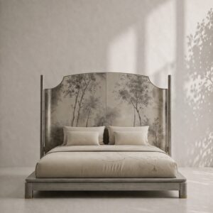 el boyama panel karyola özel üretim, özel ölçü sipariş mobilya ısmarlama mobilya doğa motifli yatak tasarımı, minimal lüks platform karyola modern stil, doğal tonlarda tasarım karyola ahşap gövde, sanatsal başlıklı özel tasarım yatak