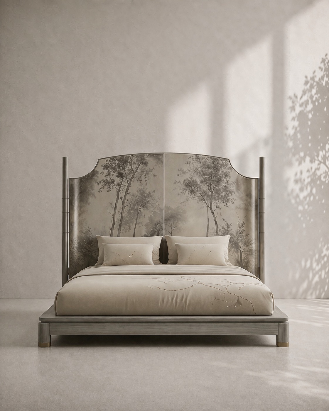 el boyama panel karyola özel üretim, özel ölçü sipariş mobilya ısmarlama mobilya doğa motifli yatak tasarımı, minimal lüks platform karyola modern stil, doğal tonlarda tasarım karyola ahşap gövde, sanatsal başlıklı özel tasarım yatak