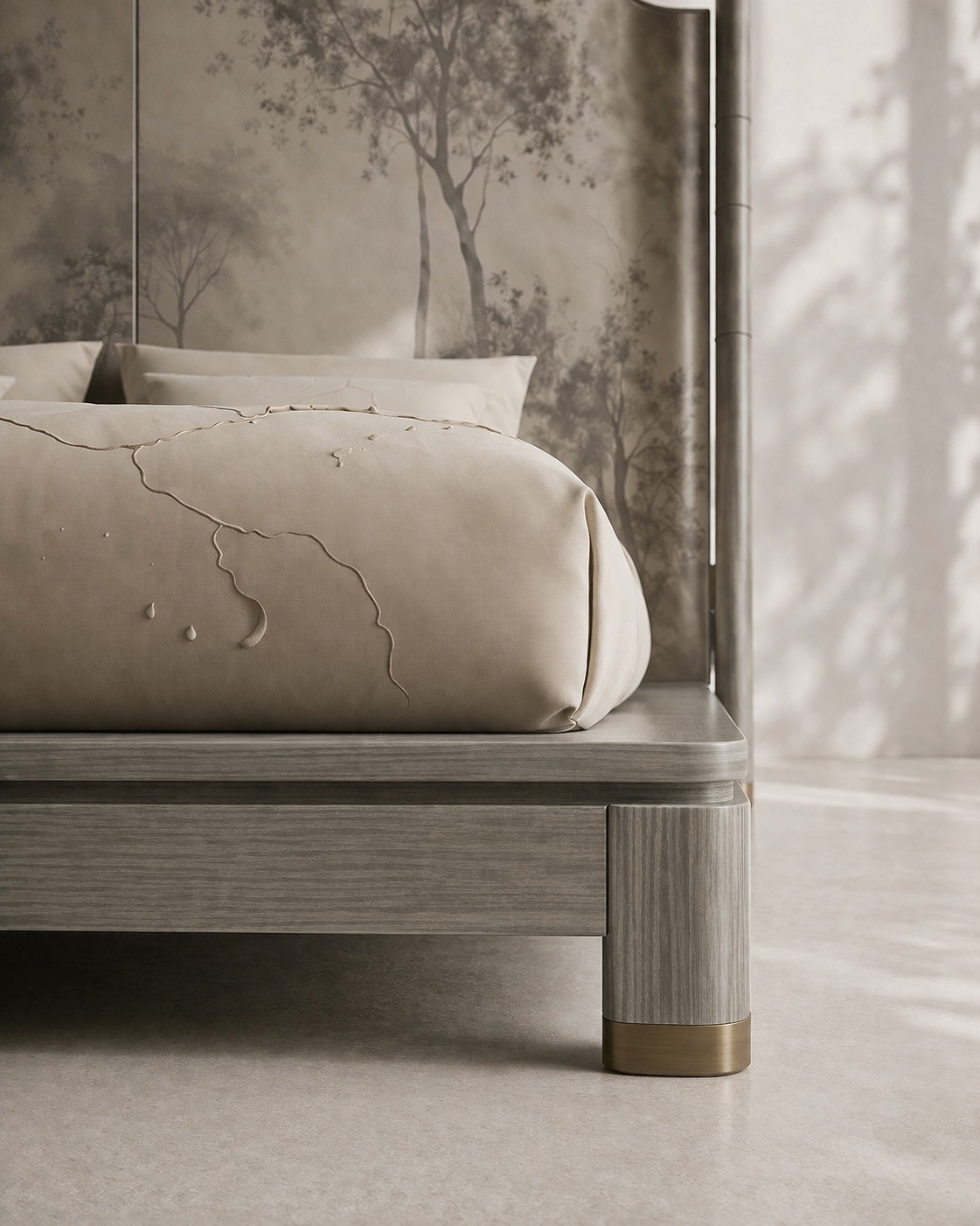 el boyama panel karyola özel üretim, özel ölçü sipariş mobilya ısmarlama mobilya doğa motifli yatak tasarımı, minimal lüks platform karyola modern stil, doğal tonlarda tasarım karyola ahşap gövde, sanatsal başlıklı özel tasarım yatak