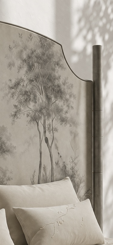 el boyama panel karyola özel üretim, özel ölçü sipariş mobilya ısmarlama mobilya doğa motifli yatak tasarımı, minimal lüks platform karyola modern stil, doğal tonlarda tasarım karyola ahşap gövde, sanatsal başlıklı özel tasarım yatak