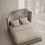 el boyama panel karyola özel üretim, özel ölçü sipariş mobilya ısmarlama mobilya doğa motifli yatak tasarımı, minimal lüks platform karyola modern stil, doğal tonlarda tasarım karyola ahşap gövde, sanatsal başlıklı özel tasarım yatak