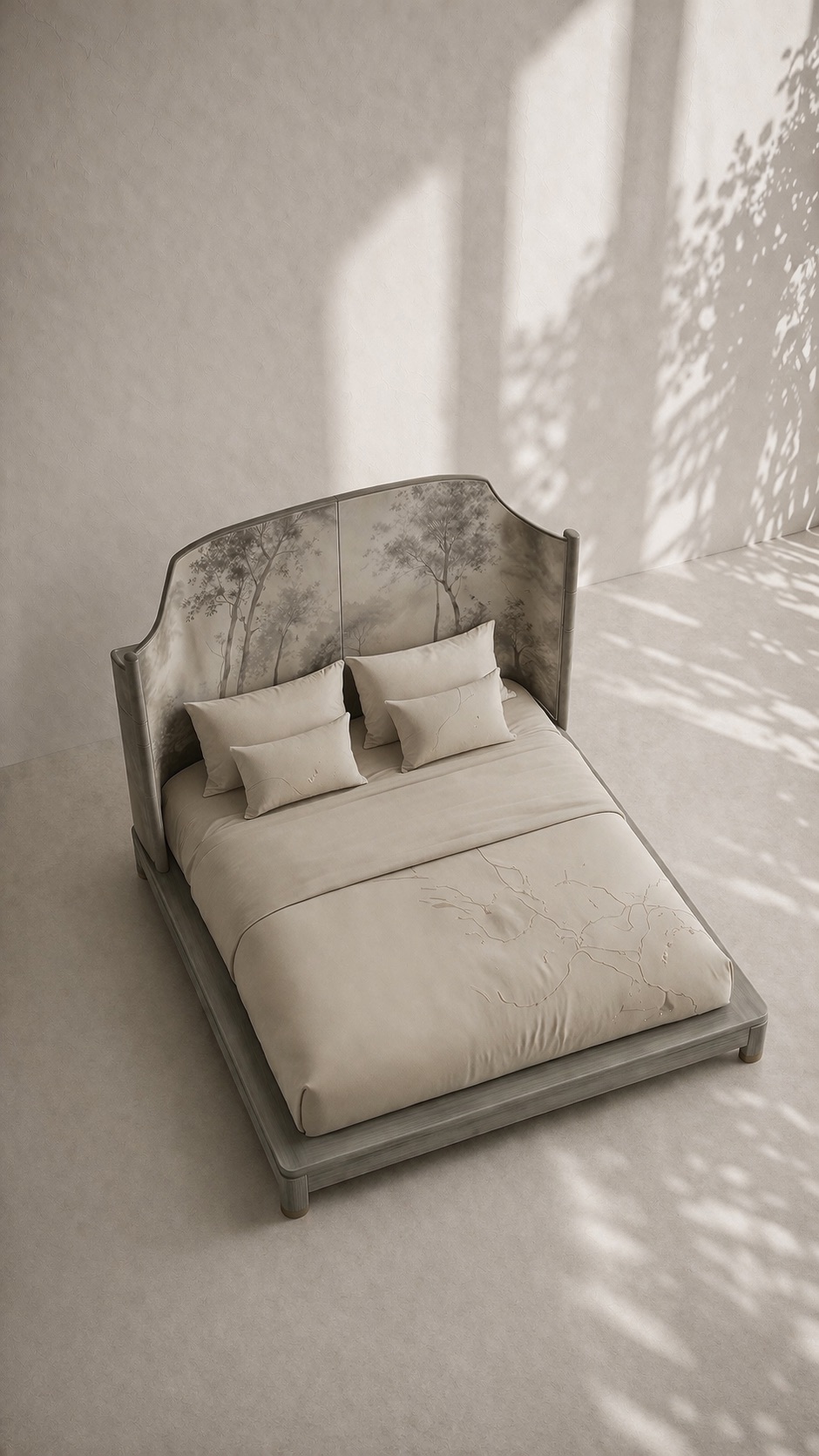 el boyama panel karyola özel üretim, özel ölçü sipariş mobilya ısmarlama mobilya doğa motifli yatak tasarımı, minimal lüks platform karyola modern stil, doğal tonlarda tasarım karyola ahşap gövde, sanatsal başlıklı özel tasarım yatak