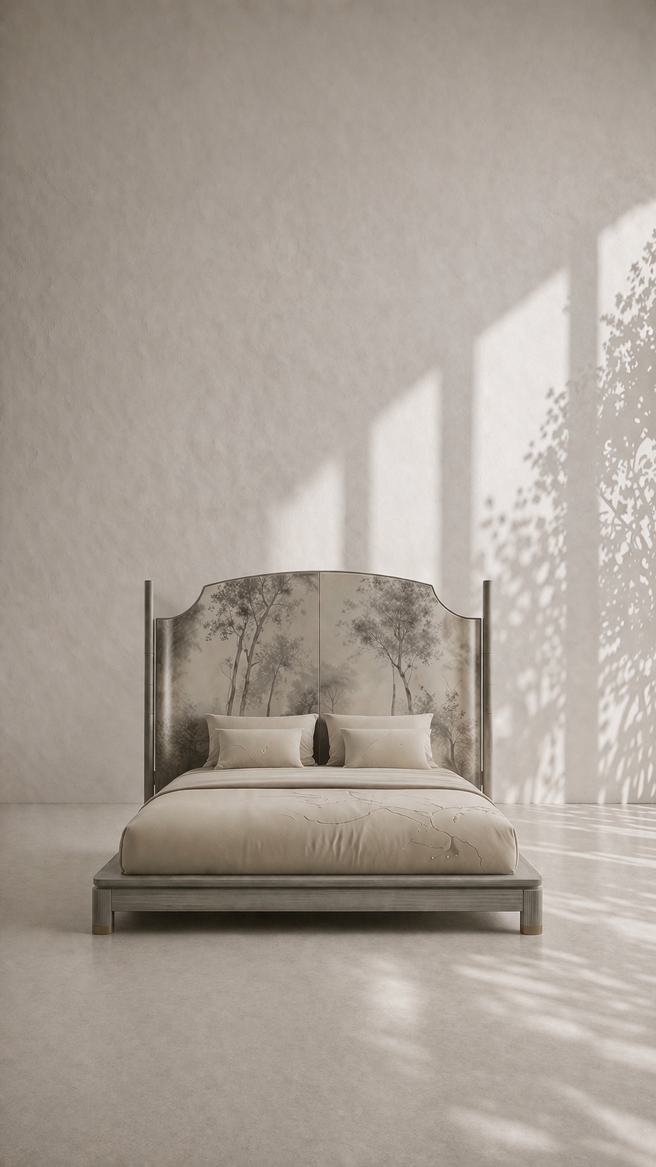 el boyama panel karyola özel üretim, özel ölçü sipariş mobilya ısmarlama mobilya doğa motifli yatak tasarımı, minimal lüks platform karyola modern stil, doğal tonlarda tasarım karyola ahşap gövde, sanatsal başlıklı özel tasarım yatak