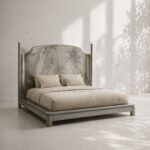 el boyama panel karyola özel üretim, özel ölçü sipariş mobilya ısmarlama mobilya doğa motifli yatak tasarımı, minimal lüks platform karyola modern stil, doğal tonlarda tasarım karyola ahşap gövde, sanatsal başlıklı özel tasarım yatak