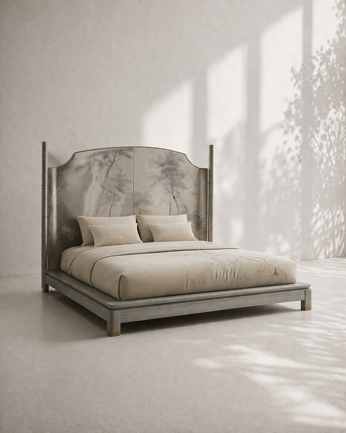 el boyama panel karyola özel üretim, özel ölçü sipariş mobilya ısmarlama mobilya doğa motifli yatak tasarımı, minimal lüks platform karyola modern stil, doğal tonlarda tasarım karyola ahşap gövde, sanatsal başlıklı özel tasarım yatak