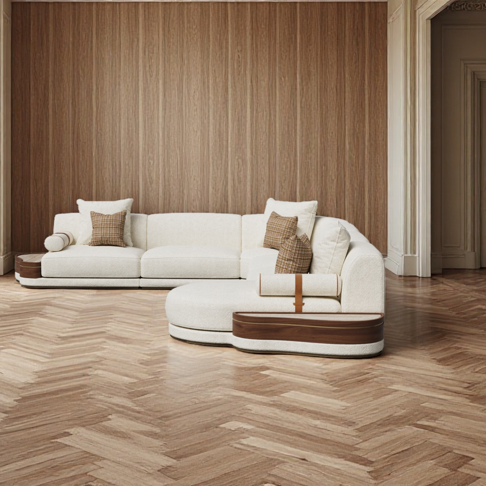 organik köşe kanepe özel üretim, özel ölçü sipariş mobilya ısmarlama mobilya modüler lounge sofa, ahşap detaylı köşe koltuk tasarım, modern lüks oturma grubu, geniş form kanepe