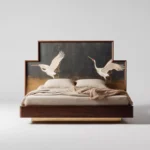 turna motifli el boyama karyola özel üretim, özel ölçü sipariş mobilya ısmarlama mobilya sanat karyola tasarımı, ahşap gövdeli lüks yatak altın detaylı, el işçiligi karyola tasarım modern klasik, dekoratif başlıklı özel tasarım yatak