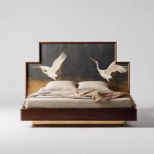 turna motifli el boyama karyola özel üretim, özel ölçü sipariş mobilya ısmarlama mobilya sanat karyola tasarımı, ahşap gövdeli lüks yatak altın detaylı, el işçiligi karyola tasarım modern klasik, dekoratif başlıklı özel tasarım yatak