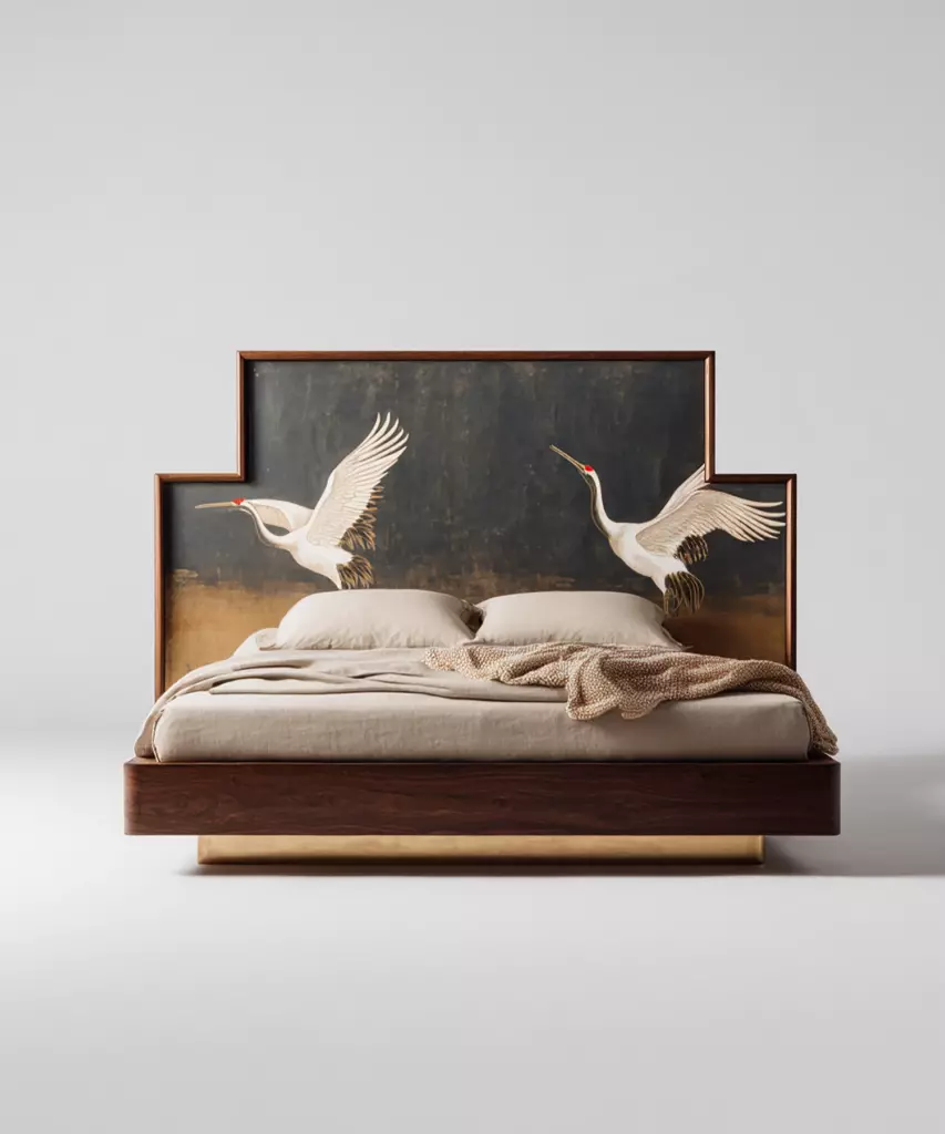 turna motifli el boyama karyola özel üretim, özel ölçü sipariş mobilya ısmarlama mobilya sanat karyola tasarımı, ahşap gövdeli lüks yatak altın detaylı, el işçiligi karyola tasarım modern klasik, dekoratif başlıklı özel tasarım yatak