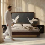 turna motifli el boyama karyola özel üretim, özel ölçü sipariş mobilya ısmarlama mobilya sanat karyola tasarımı, ahşap gövdeli lüks yatak altın detaylı, el işçiligi karyola tasarım modern klasik, dekoratif başlıklı özel tasarım yatak