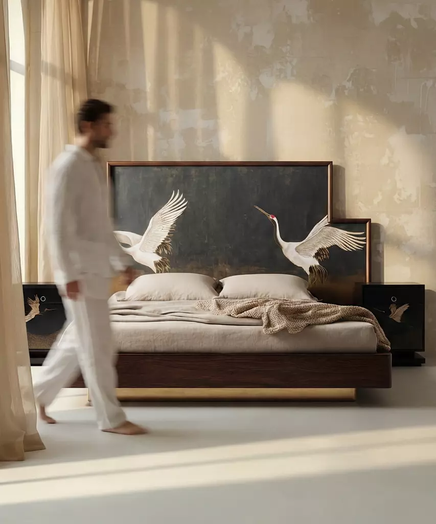 turna motifli el boyama karyola özel üretim, özel ölçü sipariş mobilya ısmarlama mobilya sanat karyola tasarımı, ahşap gövdeli lüks yatak altın detaylı, el işçiligi karyola tasarım modern klasik, dekoratif başlıklı özel tasarım yatak