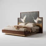 turna motifli el boyama karyola özel üretim, özel ölçü sipariş mobilya ısmarlama mobilya sanat karyola tasarımı, ahşap gövdeli lüks yatak altın detaylı, el işçiligi karyola tasarım modern klasik, dekoratif başlıklı özel tasarım yatak