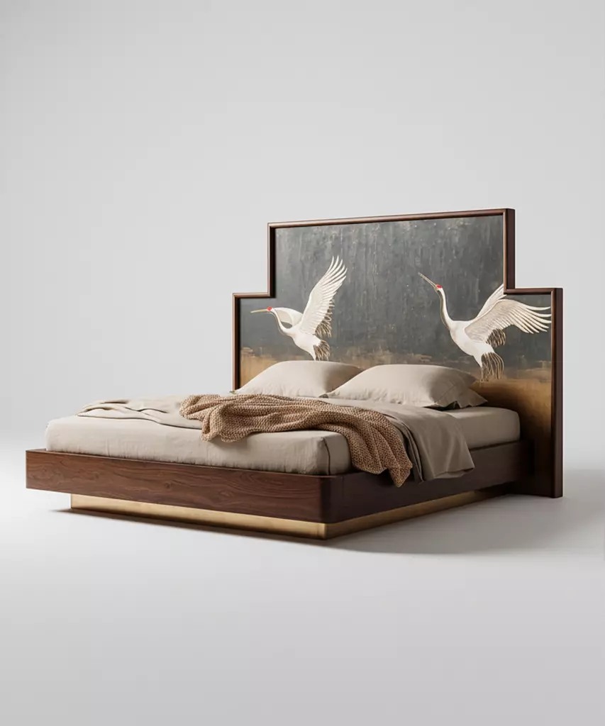 turna motifli el boyama karyola özel üretim, özel ölçü sipariş mobilya ısmarlama mobilya sanat karyola tasarımı, ahşap gövdeli lüks yatak altın detaylı, el işçiligi karyola tasarım modern klasik, dekoratif başlıklı özel tasarım yatak