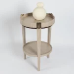 pirinç detaylı ahşap yan sehpa, çift raflı modern sehpa, özel üretim dairesel sehpa, sipariş mobilya yan sehpa, ısmarlama ahşap sehpa