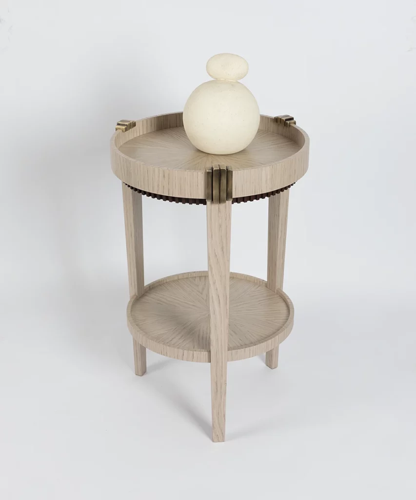 pirinç detaylı ahşap yan sehpa, çift raflı modern sehpa, özel üretim dairesel sehpa, sipariş mobilya yan sehpa, ısmarlama ahşap sehpa