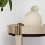 pirinç detaylı ahşap yan sehpa, çift raflı modern sehpa, özel üretim dairesel sehpa, sipariş mobilya yan sehpa, ısmarlama ahşap sehpa