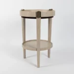 pirinç detaylı ahşap yan sehpa, çift raflı modern sehpa, özel üretim dairesel sehpa, sipariş mobilya yan sehpa, ısmarlama ahşap sehpa