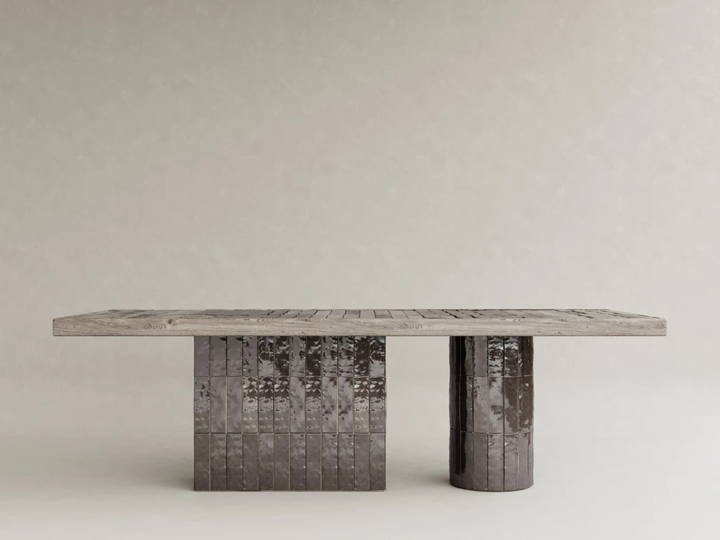 seramik ayaklı yemek masası özel üretim, dokulu yüzey modern masa özel ölçü sipariş mobilya, ısmarlama mobilya ahşap tabla dining table, heykelsi ayaklı masa modern interior tasarım, modüler ayak sistemi doğal ahşap masa