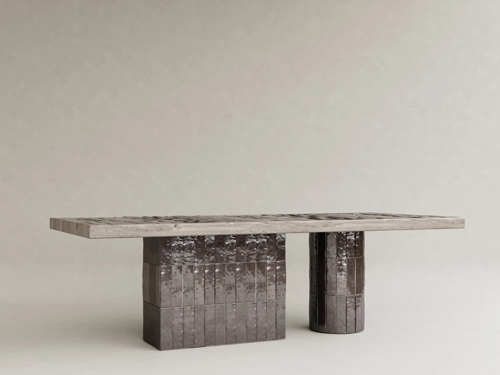 seramik ayaklı yemek masası özel üretim, dokulu yüzey modern masa özel ölçü sipariş mobilya, ısmarlama mobilya ahşap tabla dining table, heykelsi ayaklı masa modern interior tasarım, modüler ayak sistemi doğal ahşap masa