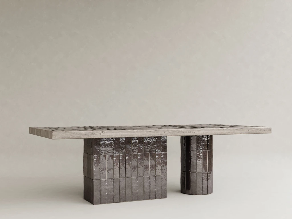 seramik ayaklı yemek masası özel üretim, dokulu yüzey modern masa özel ölçü sipariş mobilya, ısmarlama mobilya ahşap tabla dining table, heykelsi ayaklı masa modern interior tasarım, modüler ayak sistemi doğal ahşap masa