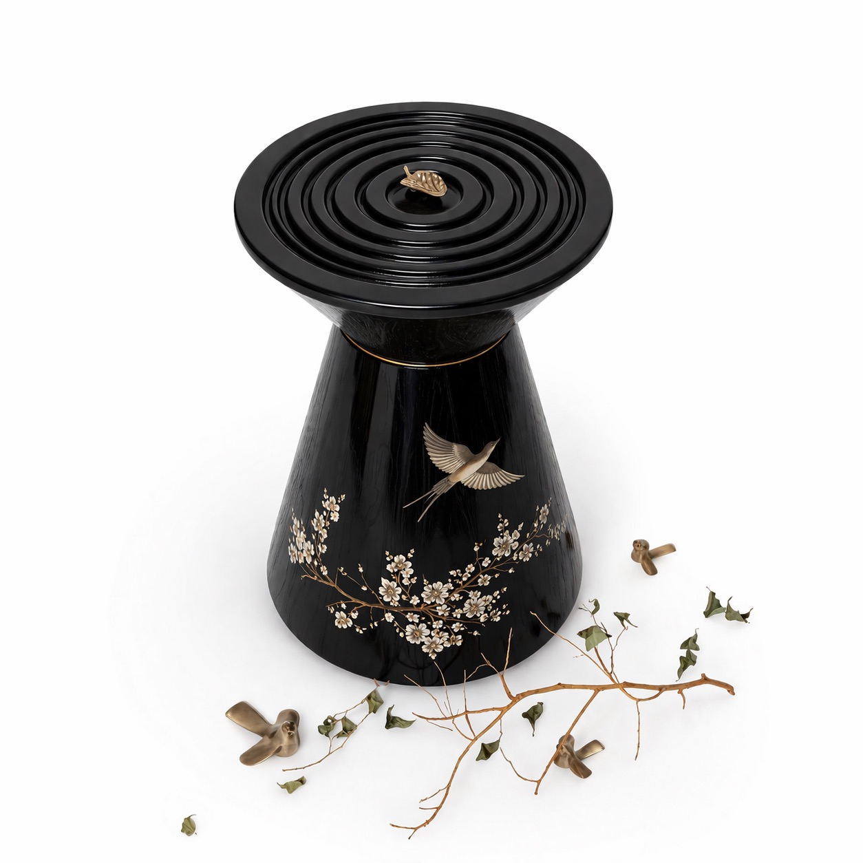 oyma detaylı siyah sehpa, konik form modern yan sehpa, özel üretim heykelsi sehpa, sipariş mobilya dekoratif sehpa, ısmarlama ahşap sehpa