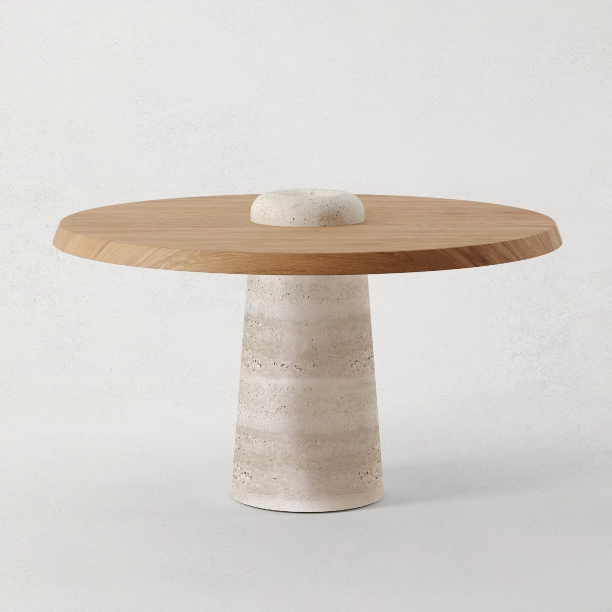 traverten ayakli luxury masa, organic modern yuvarlak masa, collectible design pedestal dining table, ozel uretim contemporary masa, natural oak luxury dining table