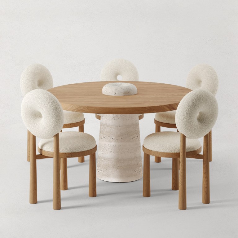 traverten ayakli luxury masa, organic modern yuvarlak masa, collectible design pedestal dining table, ozel uretim contemporary masa, natural oak luxury dining table