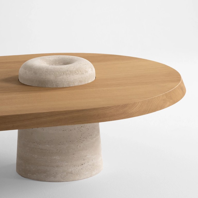 traverten ayakli luxury orta sehpa, organic modern coffee table, collectible design pedestal sehpa, ozel uretim contemporary orta sehpa, natural oak luxury coffee table