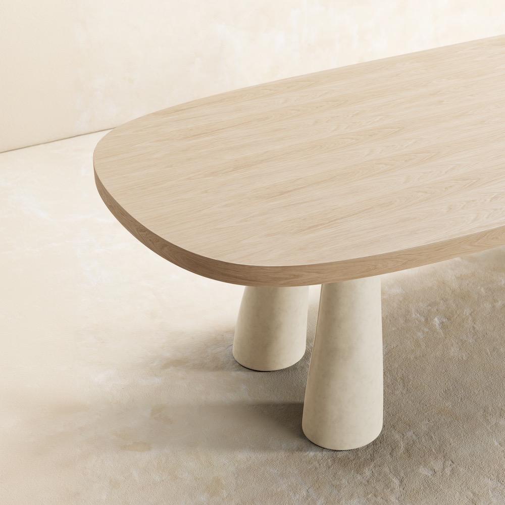 organik oval yemek masasi, contemporary luxury dining table, ozel uretim meşe masa, sculptural seramik ayakli masa, collectible modern dining table
