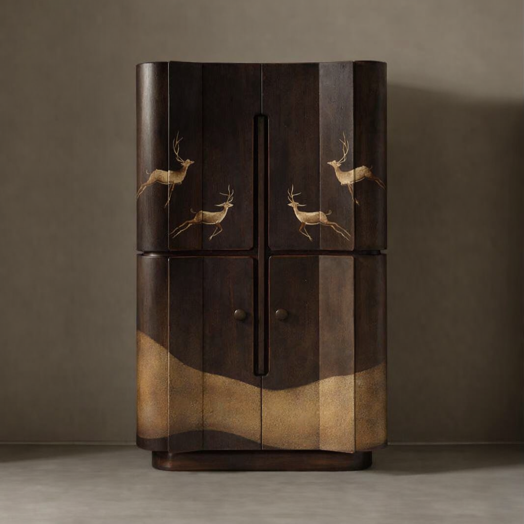 geyik motifli özel üretim vitrin büfe, koyu ceviz özel ölçü display cabinet, pirinç işlemeli sipariş mobilya büfe, kavisli kapaklı ısmarlama mobilya vitrin, art deco luxury ahşap vitrin büfe