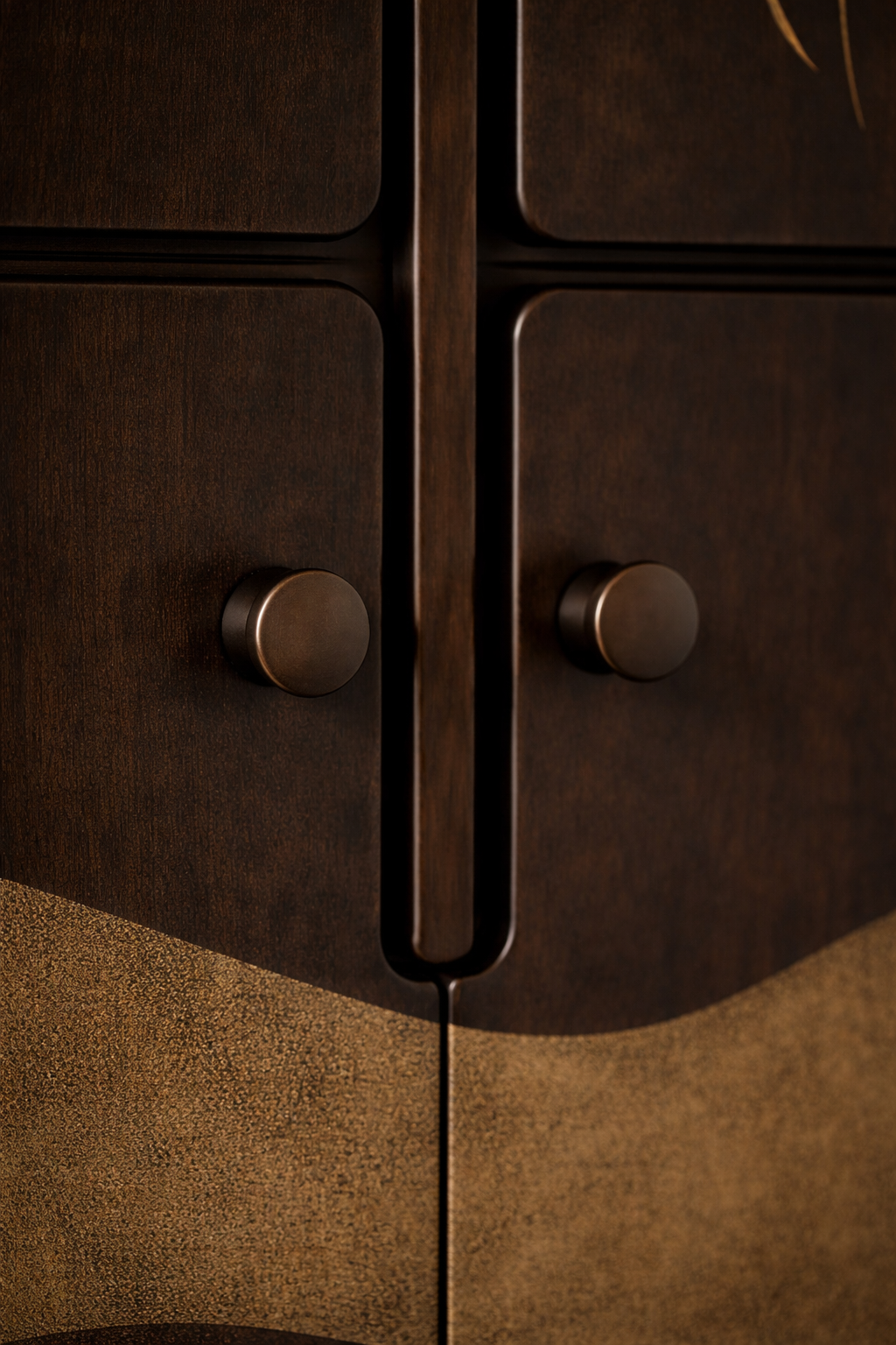 geyik motifli özel üretim vitrin büfe, koyu ceviz özel ölçü display cabinet, pirinç işlemeli sipariş mobilya büfe, kavisli kapaklı ısmarlama mobilya vitrin, art deco luxury ahşap vitrin büfe