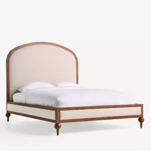 kavisli başlıklı özel üretim karyola, krem döşemeli özel ölçü yatak, ceviz ahşap çerçeveli sipariş mobilya karyola, topuz ayaklı ısmarlama mobilya yatak, modern klasik luxury karyola