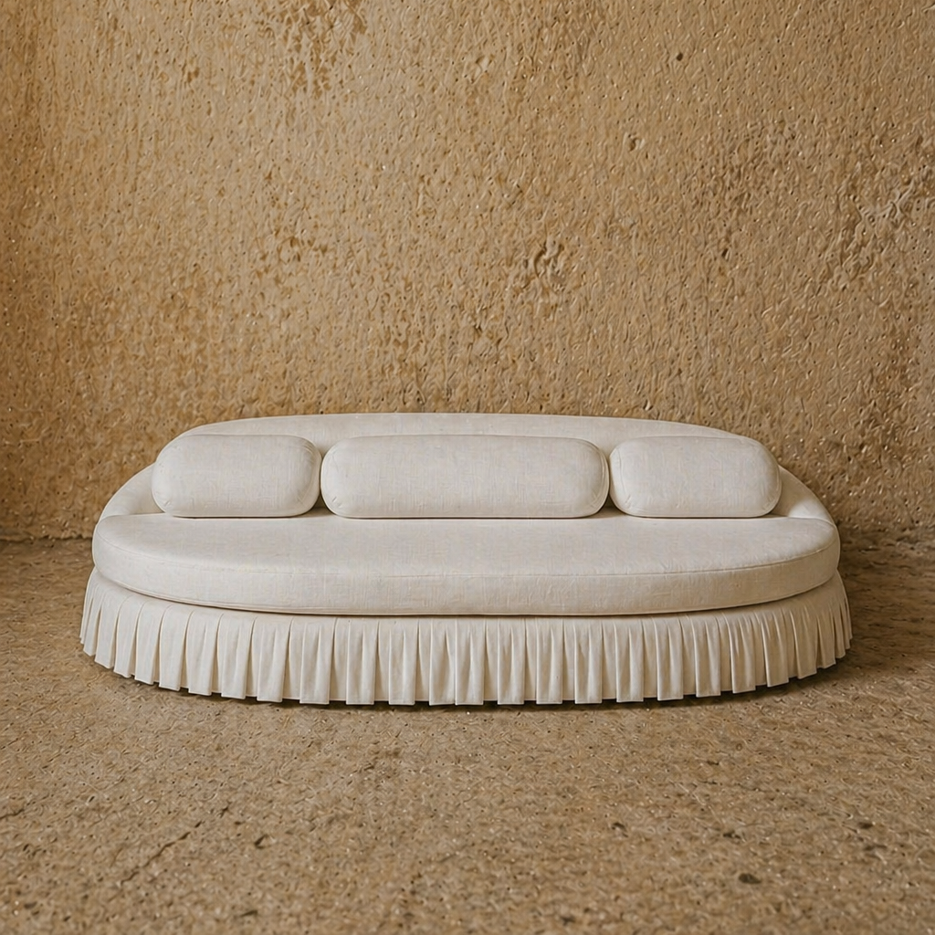 beyaz keten döşemeli özel üretim divan kanepe, piliseli etek detaylı özel ölçü kanepe, alçak formlu sipariş mobilya daybed, yuvarlatılmış sırtlı ısmarlama mobilya kanepe, modern luxury beyaz lounge divan