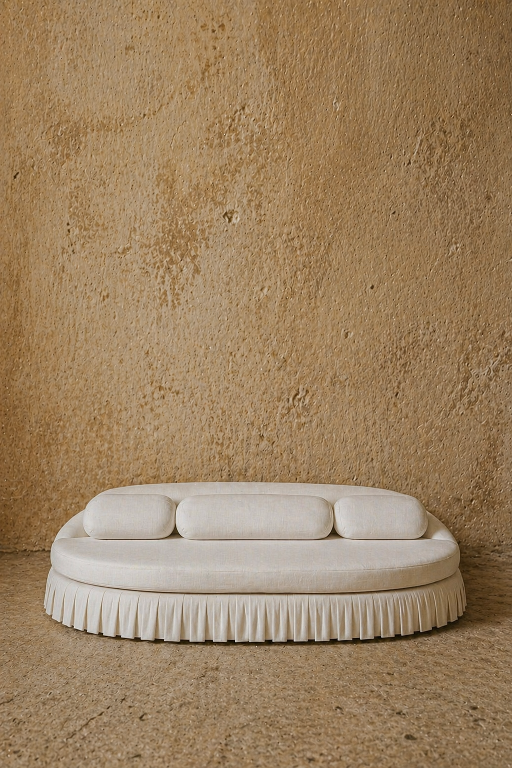 beyaz keten döşemeli özel üretim divan kanepe, piliseli etek detaylı özel ölçü kanepe, alçak formlu sipariş mobilya daybed, yuvarlatılmış sırtlı ısmarlama mobilya kanepe, modern luxury beyaz lounge divan