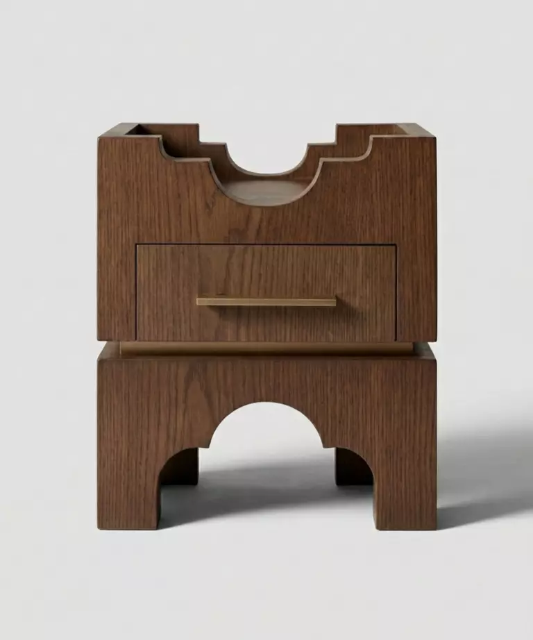 kemer detaylı modern komodin, ceviz brutalist nightstand, özel üretim contemporary komodin, çekmeceli sculptural yan sehpa, artisan tasarım luxury bedside table