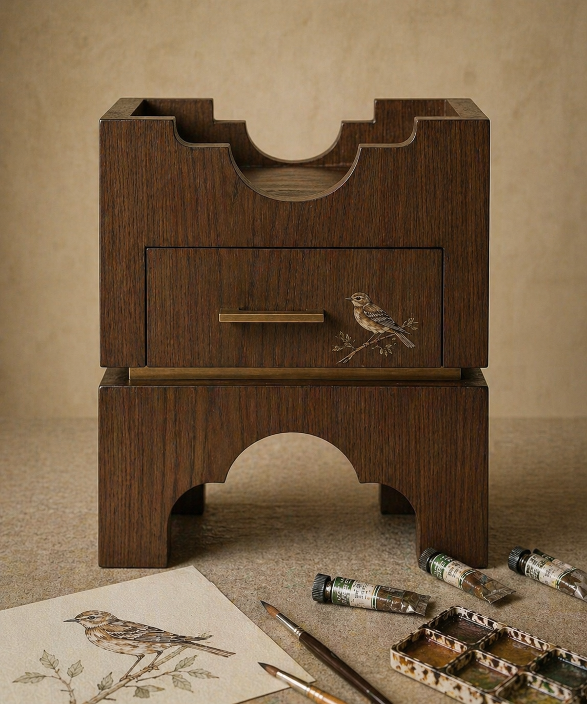 kemer detaylı modern komodin, ceviz brutalist nightstand, özel üretim contemporary komodin, çekmeceli sculptural yan sehpa, artisan tasarım luxury bedside table