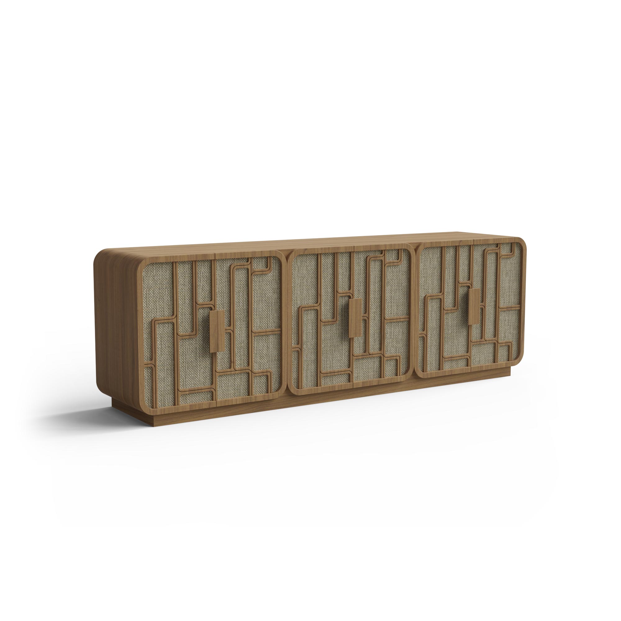 hasır kapaklı özel üretim büfe, geometrik ahşap kafesli özel ölçü sideboard, açık meşe gövdeli sipariş mobilya büfe, rattan panelli ısmarlama mobilya, yuvarlatılmış köşeli doğal luxury büfe