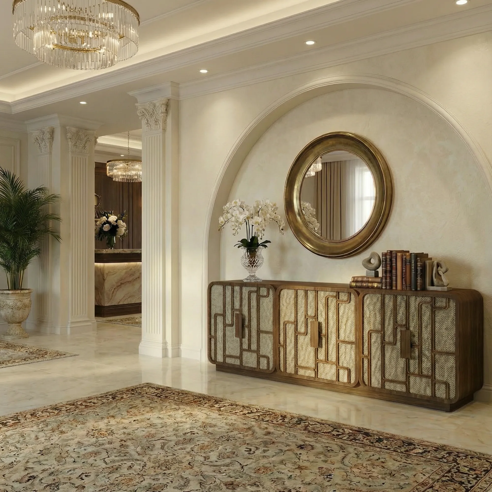 hasır kapaklı özel üretim büfe, geometrik ahşap kafesli özel ölçü sideboard, açık meşe gövdeli sipariş mobilya büfe, rattan panelli ısmarlama mobilya, yuvarlatılmış köşeli doğal luxury büfe