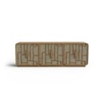 hasır kapaklı özel üretim büfe, geometrik ahşap kafesli özel ölçü sideboard, açık meşe gövdeli sipariş mobilya büfe, rattan panelli ısmarlama mobilya, yuvarlatılmış köşeli doğal luxury büfe