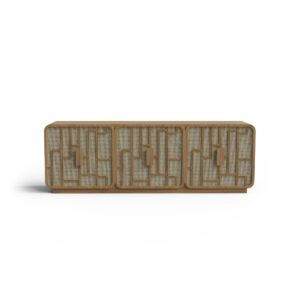 hasır kapaklı özel üretim büfe, geometrik ahşap kafesli özel ölçü sideboard, açık meşe gövdeli sipariş mobilya büfe, rattan panelli ısmarlama mobilya, yuvarlatılmış köşeli doğal luxury büfe