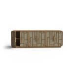 hasır kapaklı özel üretim büfe, geometrik ahşap kafesli özel ölçü sideboard, açık meşe gövdeli sipariş mobilya büfe, rattan panelli ısmarlama mobilya, yuvarlatılmış köşeli doğal luxury büfe