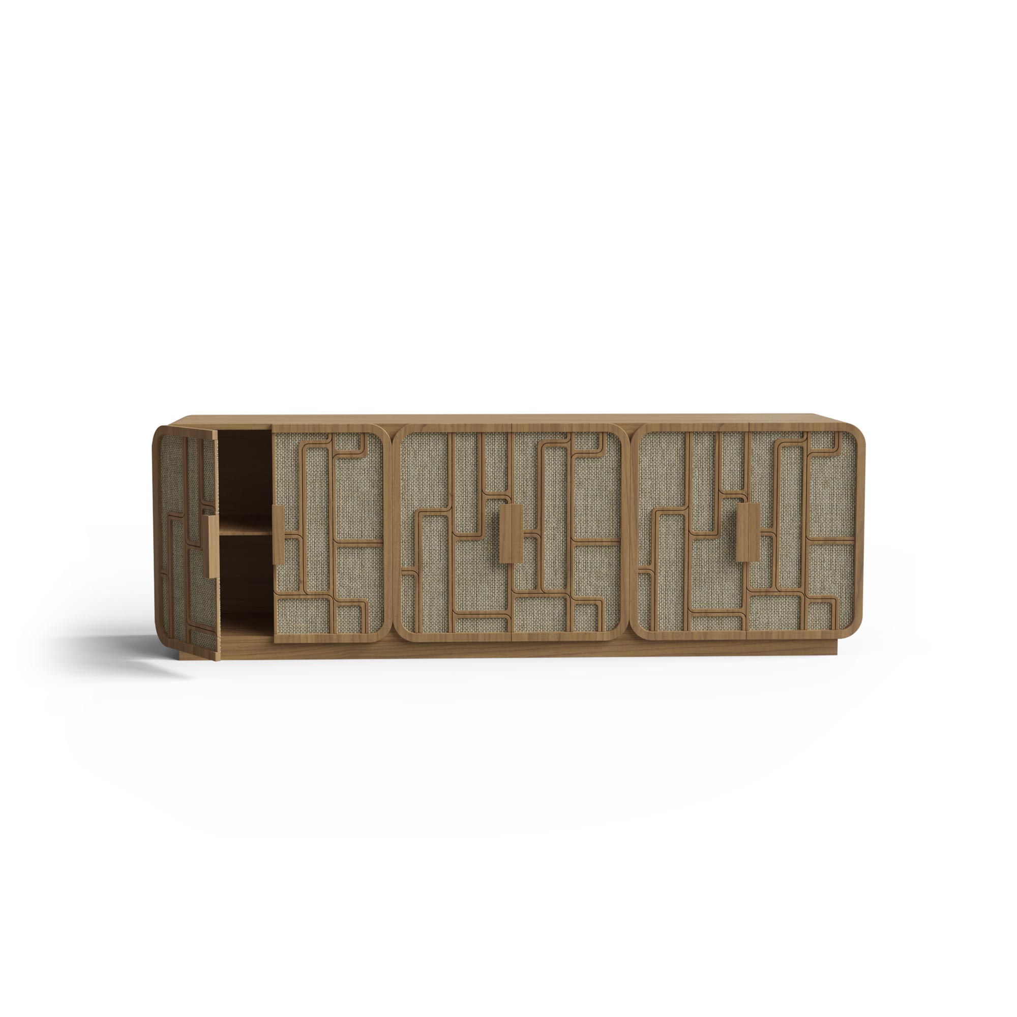 hasır kapaklı özel üretim büfe, geometrik ahşap kafesli özel ölçü sideboard, açık meşe gövdeli sipariş mobilya büfe, rattan panelli ısmarlama mobilya, yuvarlatılmış köşeli doğal luxury büfe