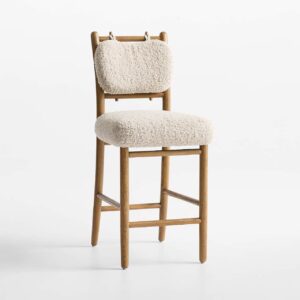 boucle bar sandalyesi, contemporary counter chair design, ozel uretim ahsap bar sandalyesi, japandi modern stool, luxury kitchen island chair