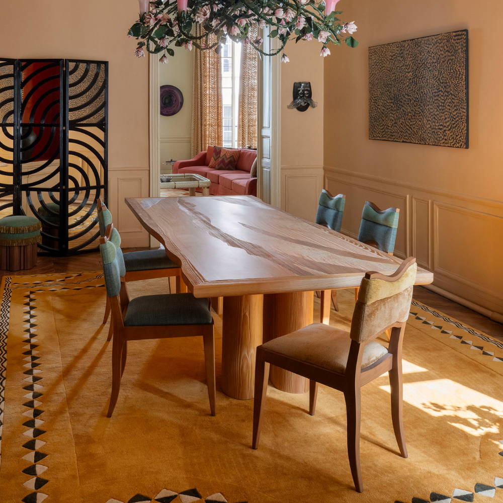 coral döşemeli modern sandalye, masif ahşap contemporary dining chair, özel üretim designer sandalye, boutique restoran sandalyesi, artistic luxury yemek odası sandalyesi