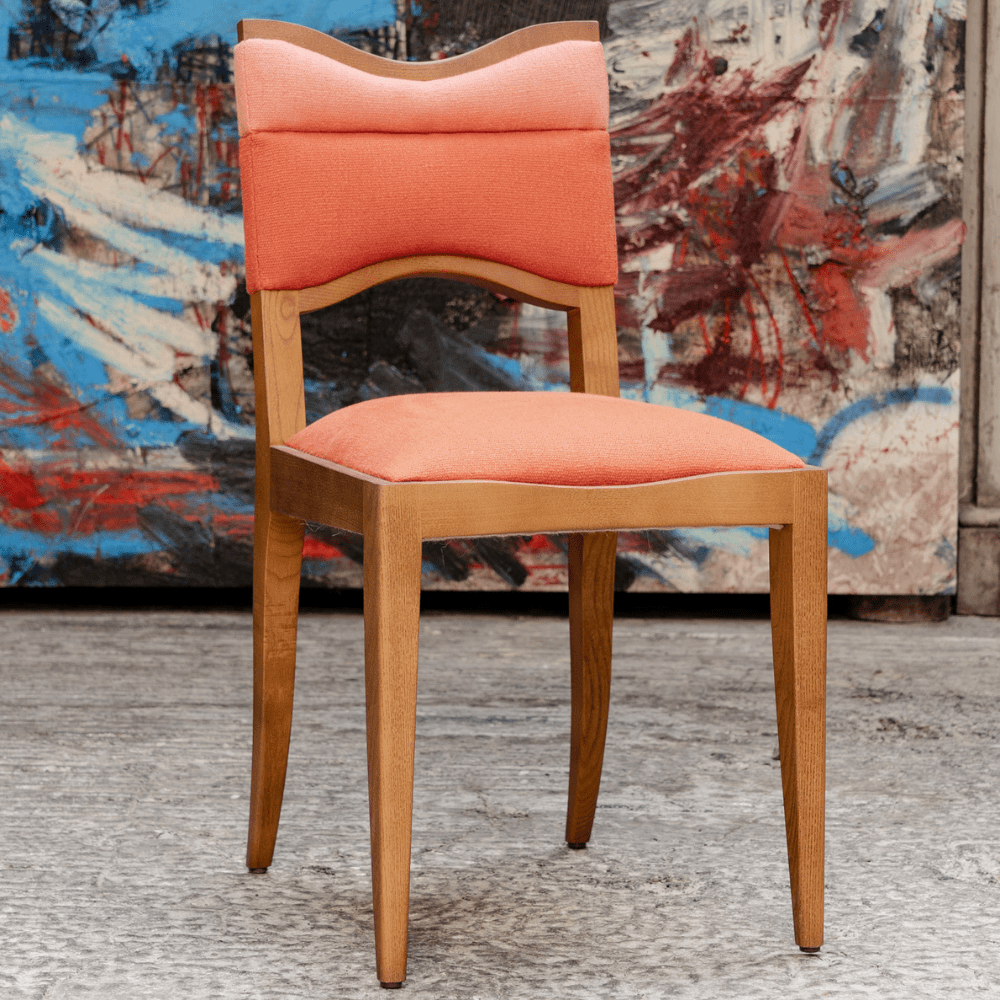 coral döşemeli modern sandalye, masif ahşap contemporary dining chair, özel üretim designer sandalye, boutique restoran sandalyesi, artistic luxury yemek odası sandalyesi
